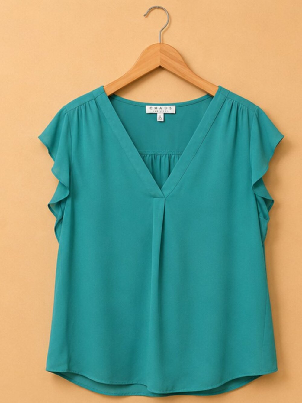 Chaus New York Teal Flutter Sleeve Blouse Large | Flowy V-Neck Work Office Chic